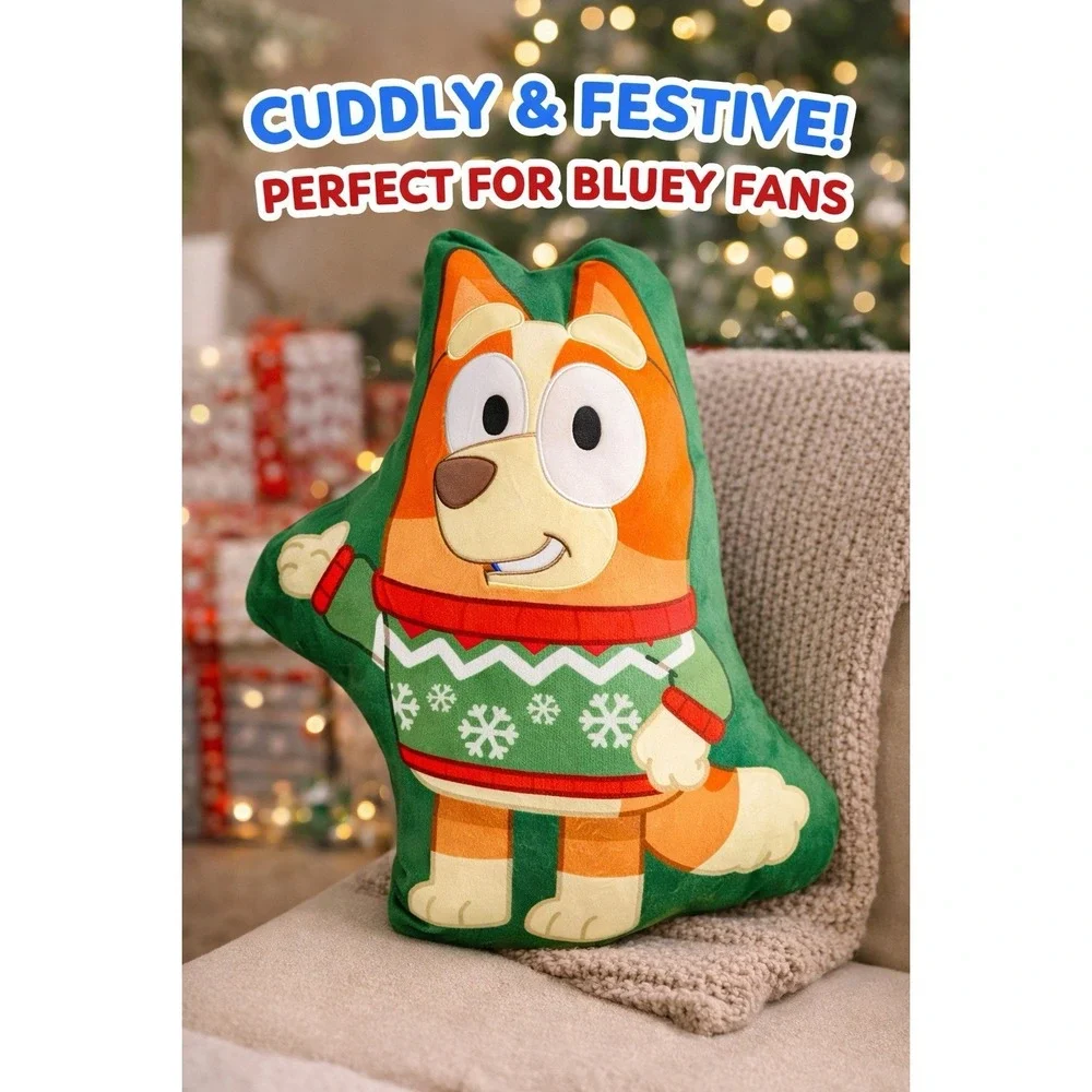 Bluey Holiday Throw Pillow Plush Character Cushion Green Sweate